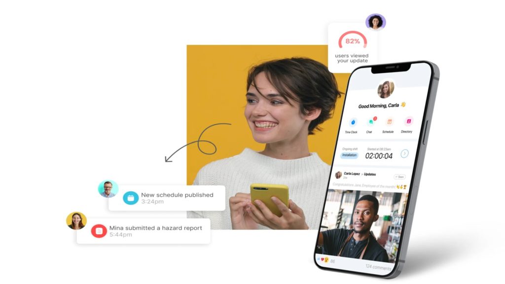 Kobieta korzystająca z aplikacji Connecteam, która wyświetla kanał ogłoszeń.