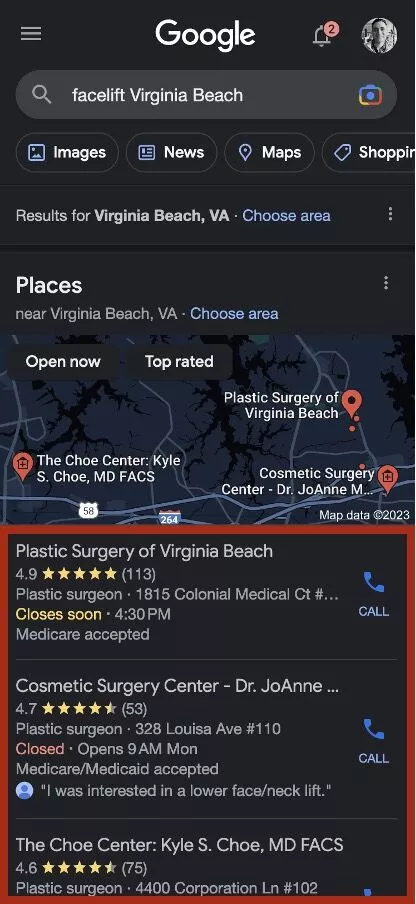 mobile search engine results for facelift virginia
