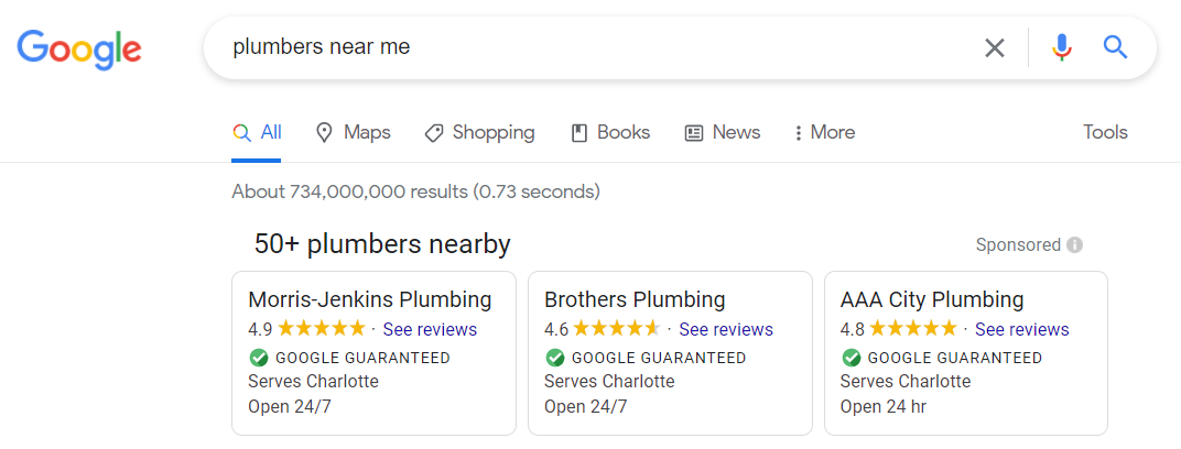 Exemplo de anúncios do Google Local Services