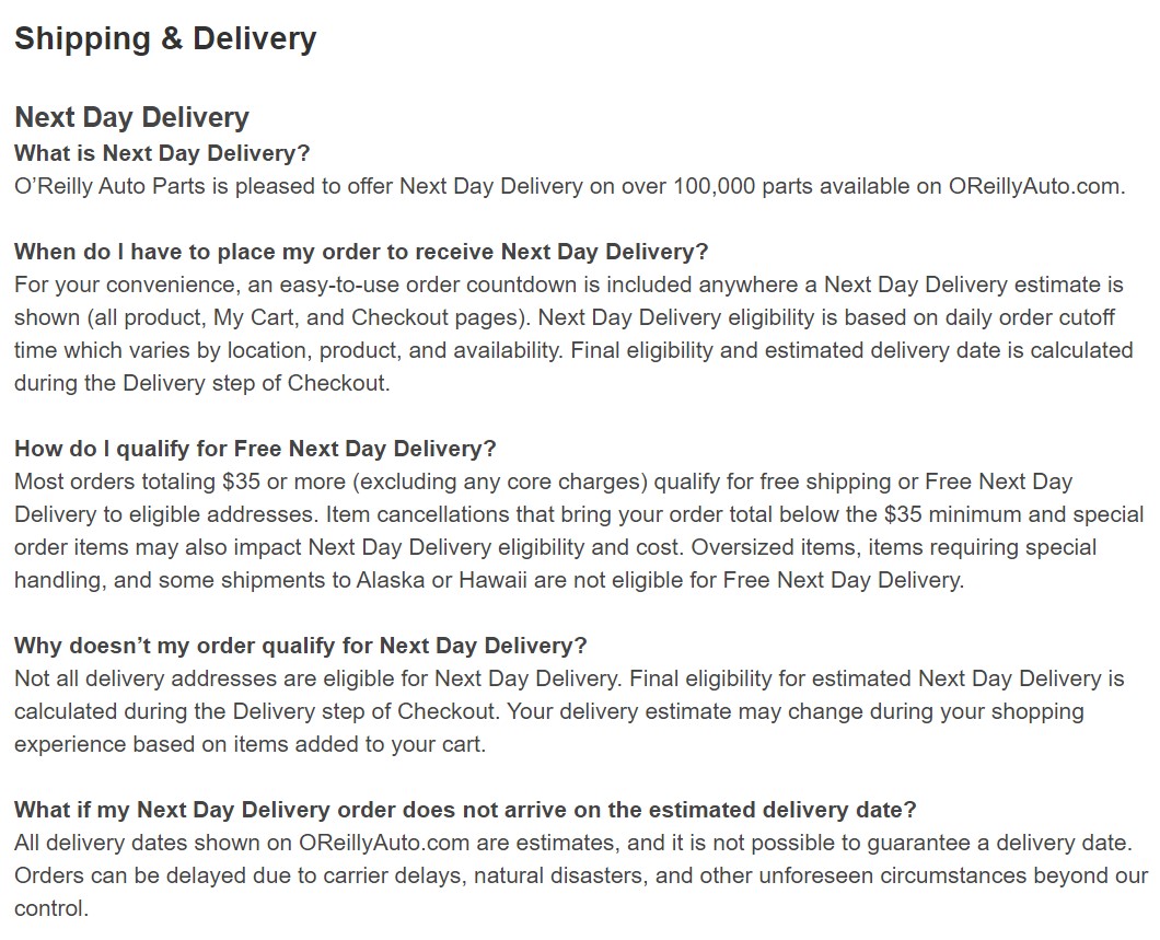 Pagina delle domande frequenti sui ricambi auto O'Reilly - esempio di funzionalità della pagina di destinazione locale