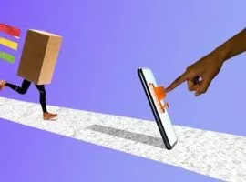 изображение, представляющее покупателя B2B, с рукой, делающей заказ на мобильном телефоне, и мультяшной коробкой с ногами, бегущими к телефону.