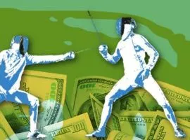 ilustracja dwóch osób szermierki na zielonym tle banknotów studolarowych.
