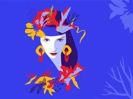 2023년 마케팅 트렌드를 전달하는 밝은 색의 귀걸이와 꽃무늬 모자를 머리 위로 펼치는 여성의 삽화