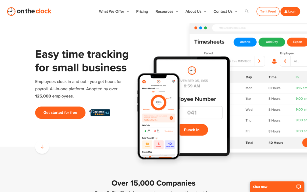 Screenshot von OnTheClock, der die Benutzeroberfläche für kleine Unternehmen zeigt