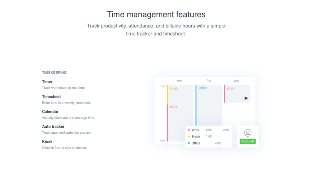 Captura de tela do site Clockify mostrando recursos de gerenciamento de tempo