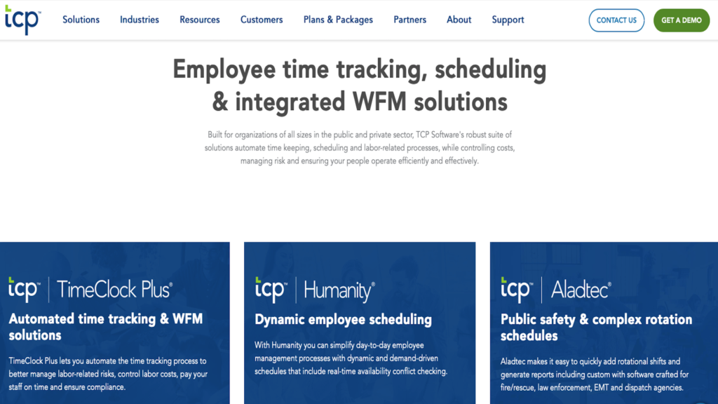 Cuplikan layar dari situs web TCP menunjukkan pencatatan jam kerja dan fitur produk tambahan