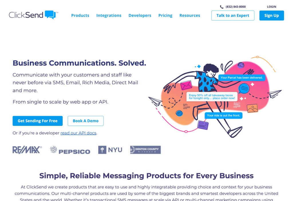 Captură de ecran a paginii web ClickSend