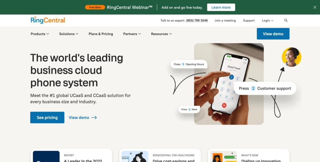 RingCentral web sayfasının ekran görüntüsü