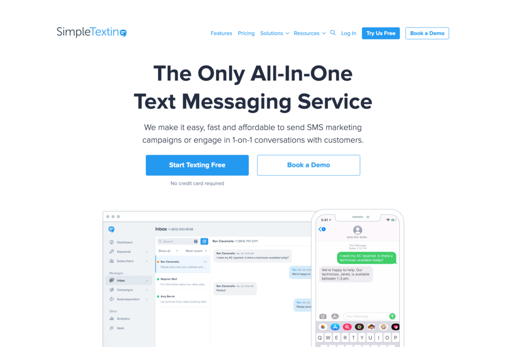 Captură de ecran a paginii web SimpleTexting
