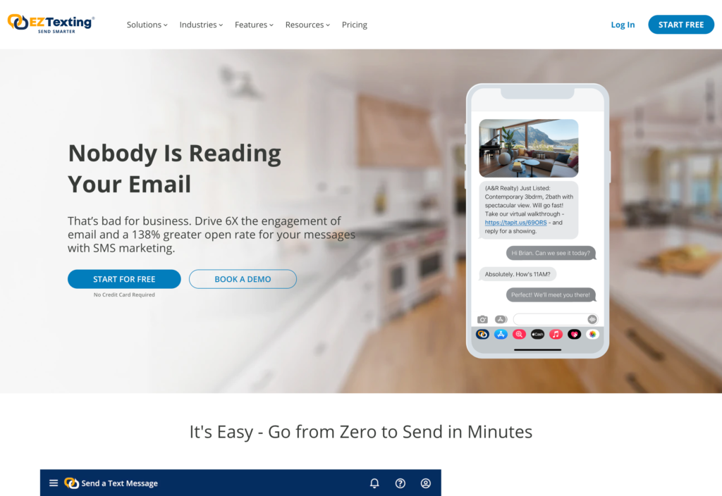 Captură de ecran a paginii web EZ Texting