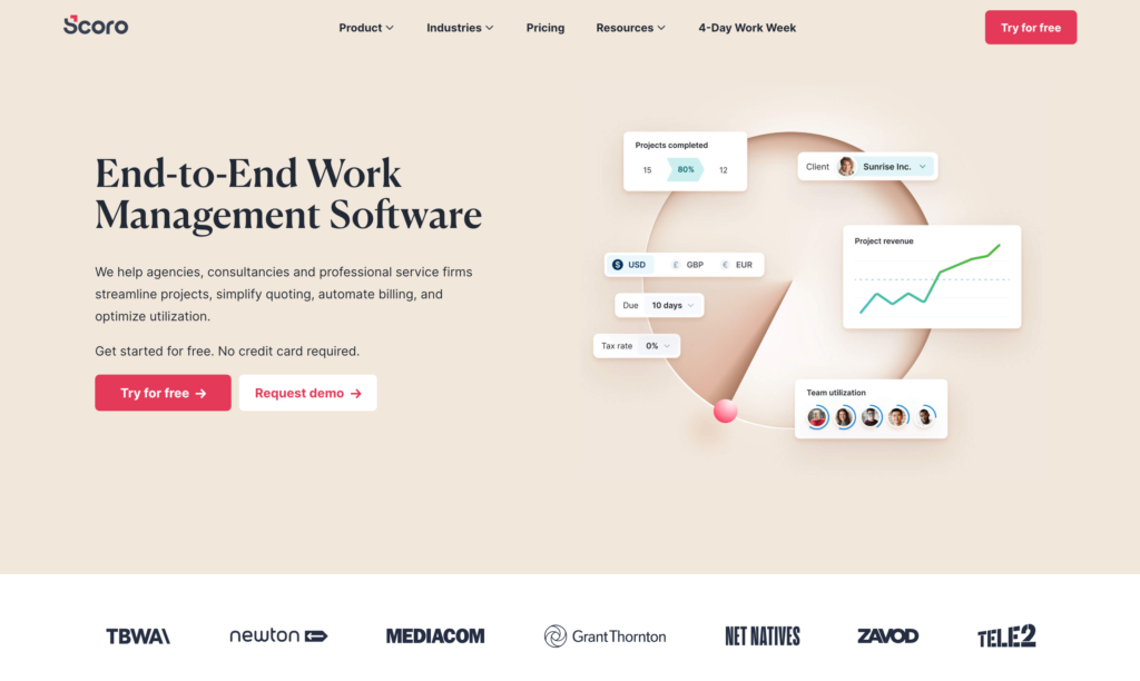 Scoro 웹페이지의 스크린샷