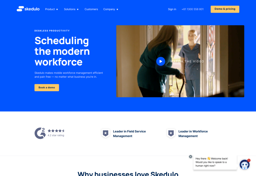 Captura de tela da página da Skedulo