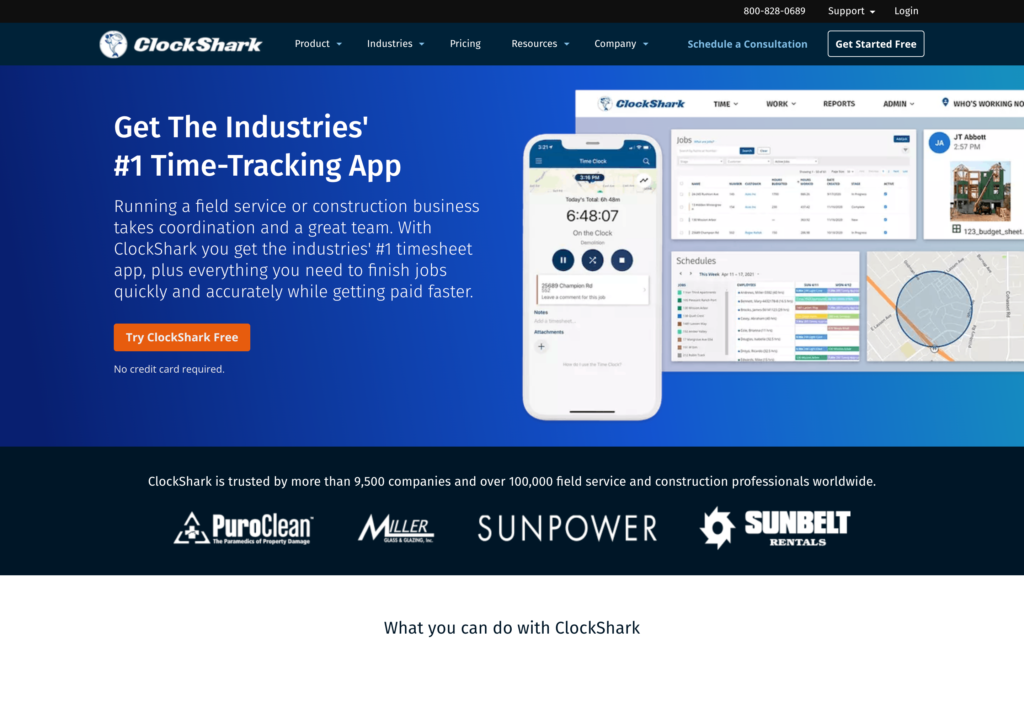 ClockShark web sayfasının ekran görüntüsü