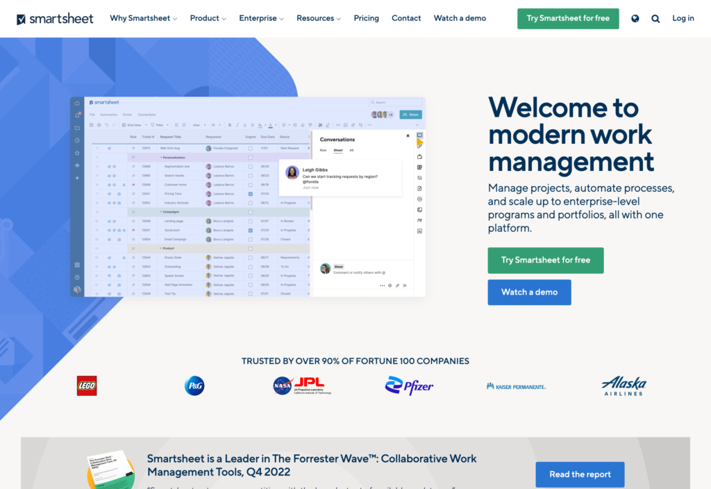 Smartsheet 网页的屏幕截图