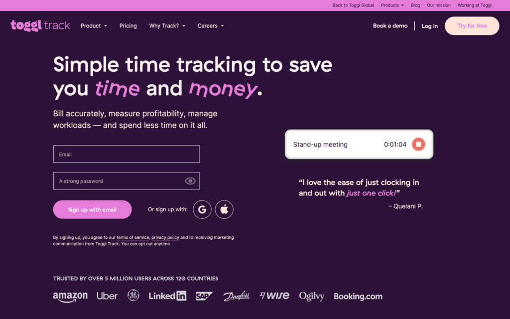 Capture d'écran de la page Web Toggl Track
