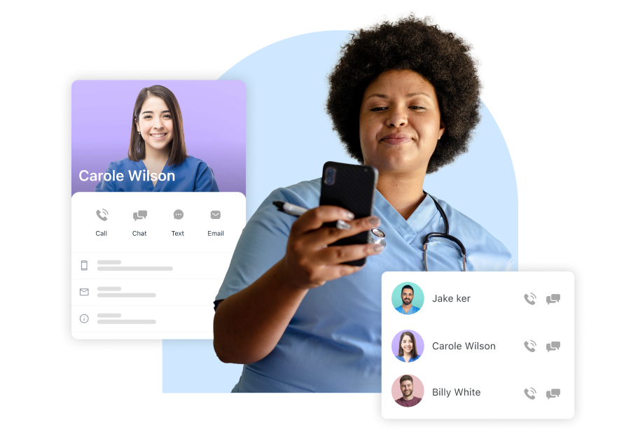 電話を見ている女性、ディレクトリ機能のスクリーンショットも表示される