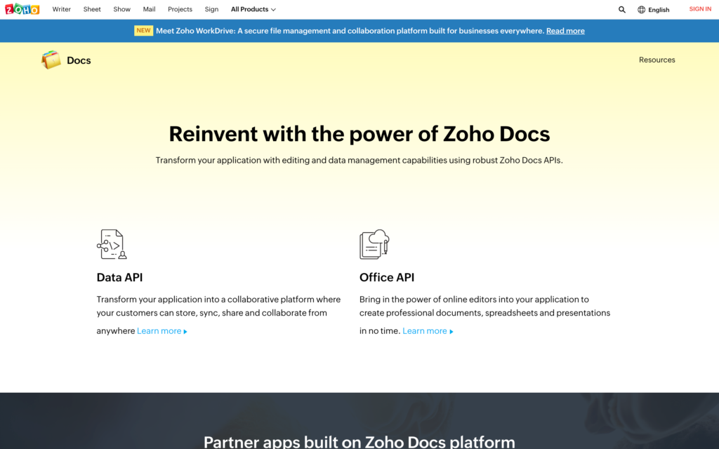 Zoho Docs web sayfasının ekran görüntüsü