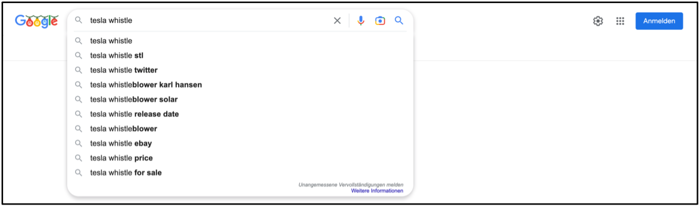 اقتراحات تلقائية عند كتابة عبارة "صافرة تسلا" في Google