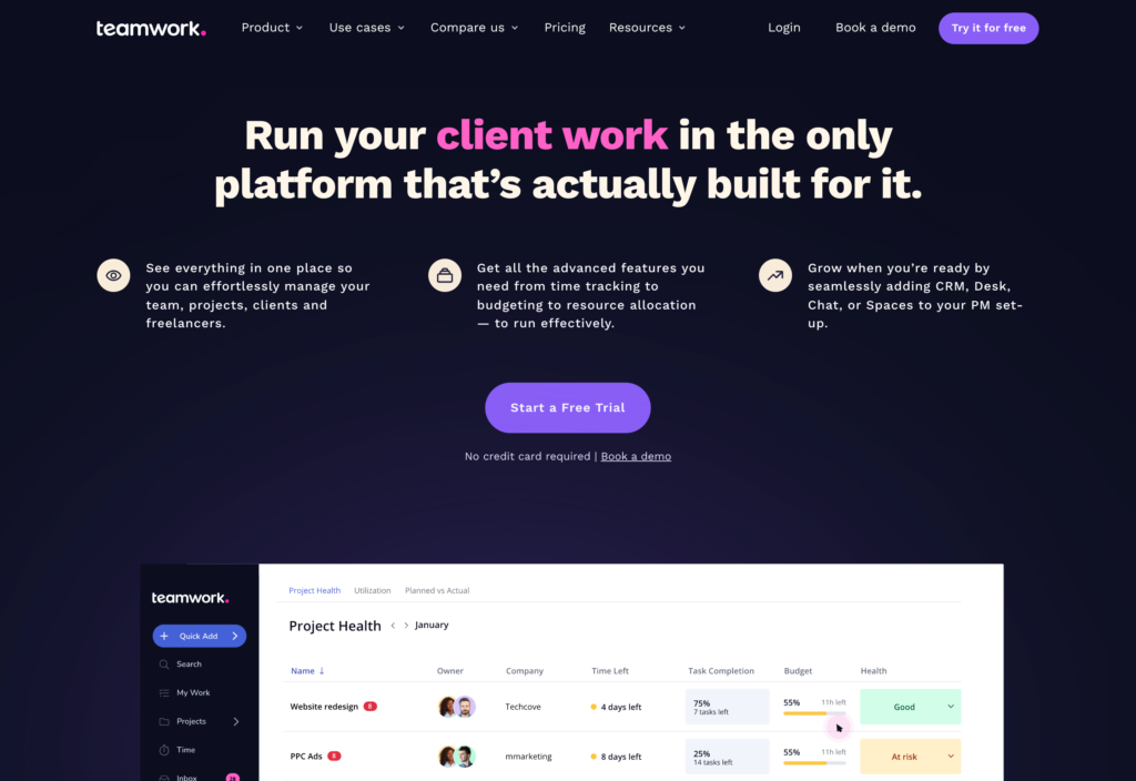 Zrzut ekranu strony internetowej Teamwork