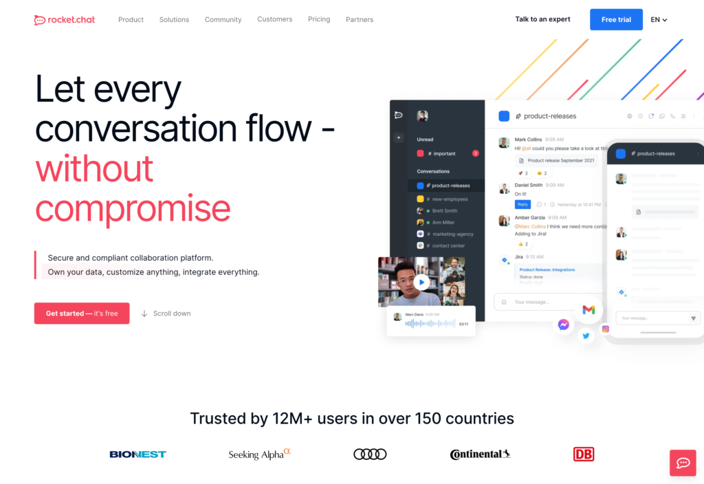لقطة شاشة لصفحة الويب الخاصة بـ Rocket.Chat