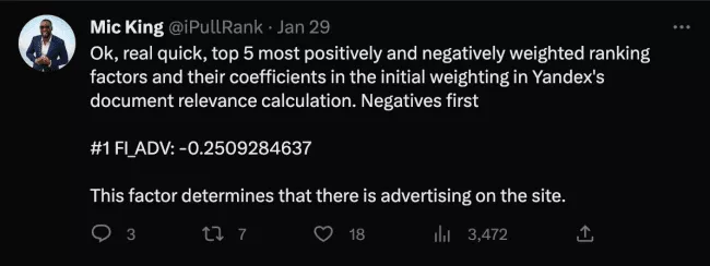 Mic King Tweet na temat wagi czynników rankingowych Yandex