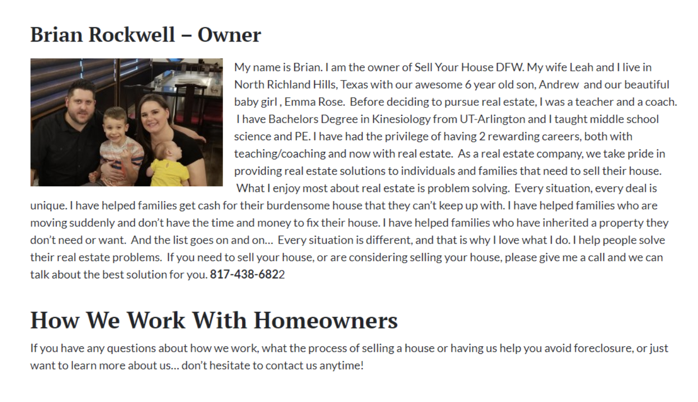 Website-Story von Immobilieninvestoren auf der About-Seite