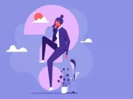 データ主導の意思決定を表す、後ろにクエスチョン マークが付いた女性のイラスト。
