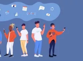 Imaginea este o ilustrare a cinci persoane de sexe și etnii diferite care stau într-o linie cu simboluri ale comunicării plutind deasupra capului lor, reprezentând cum să gestionezi Millennials și Generația Z la locul de muncă.