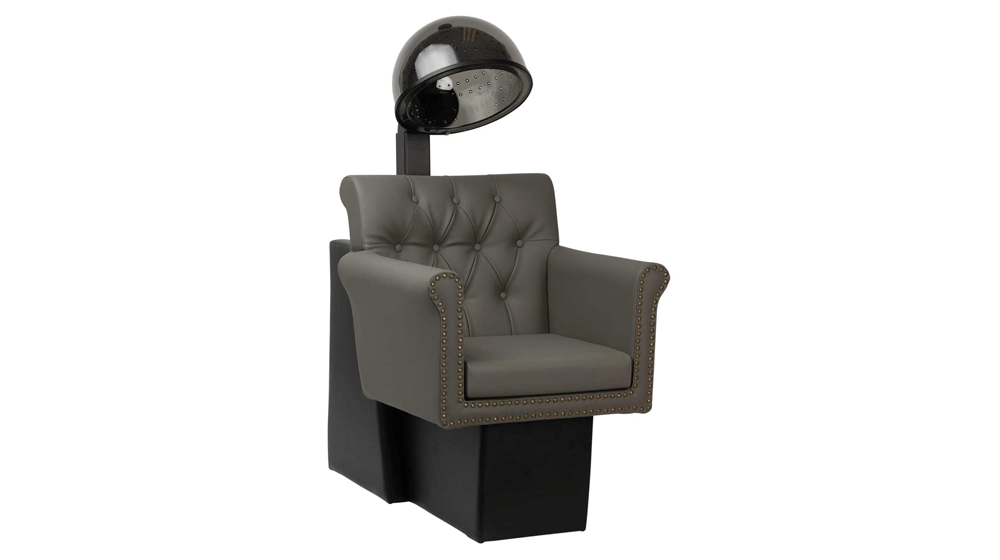 Cadeira de secador de cabelo Buy-Rite Chelsea com combinação de secador em vinil cinza para salões