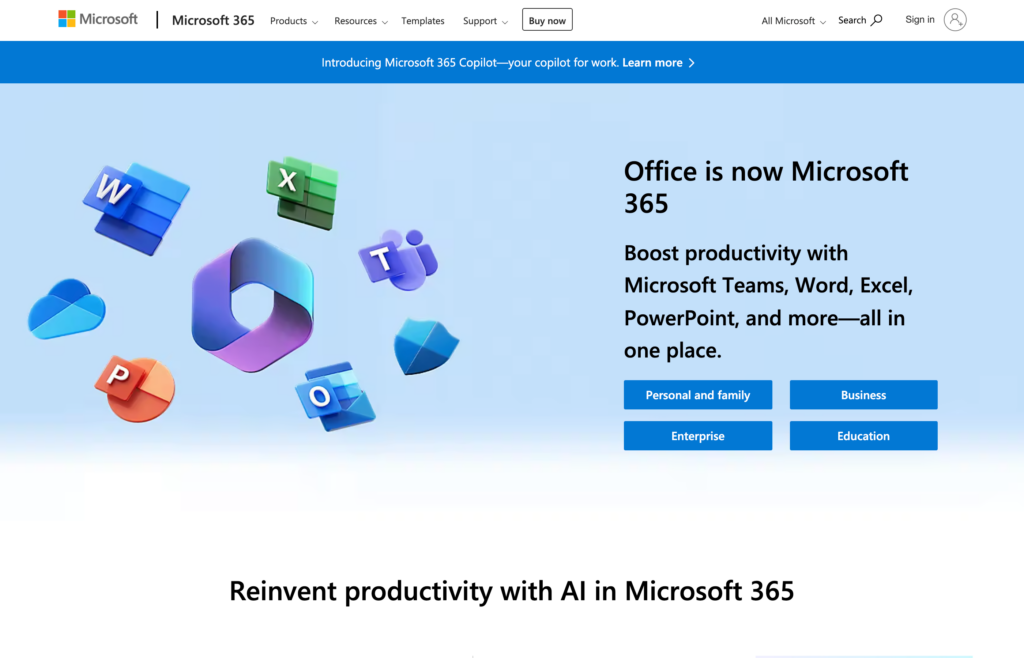 Captură de ecran a paginii web Microsoft 365