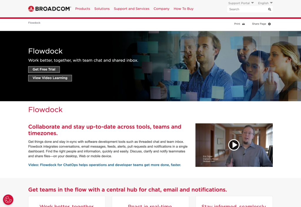 Captură de ecran a paginii web CA Flowdock by Broadcom