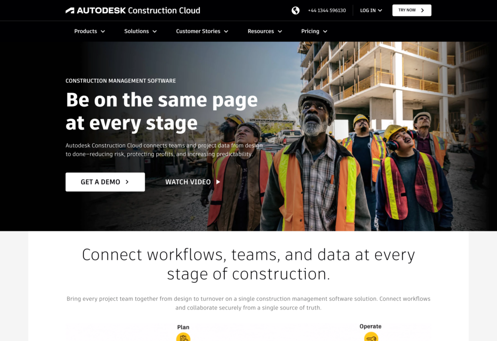 Captură de ecran a paginii web Autodesk Construction Cloud