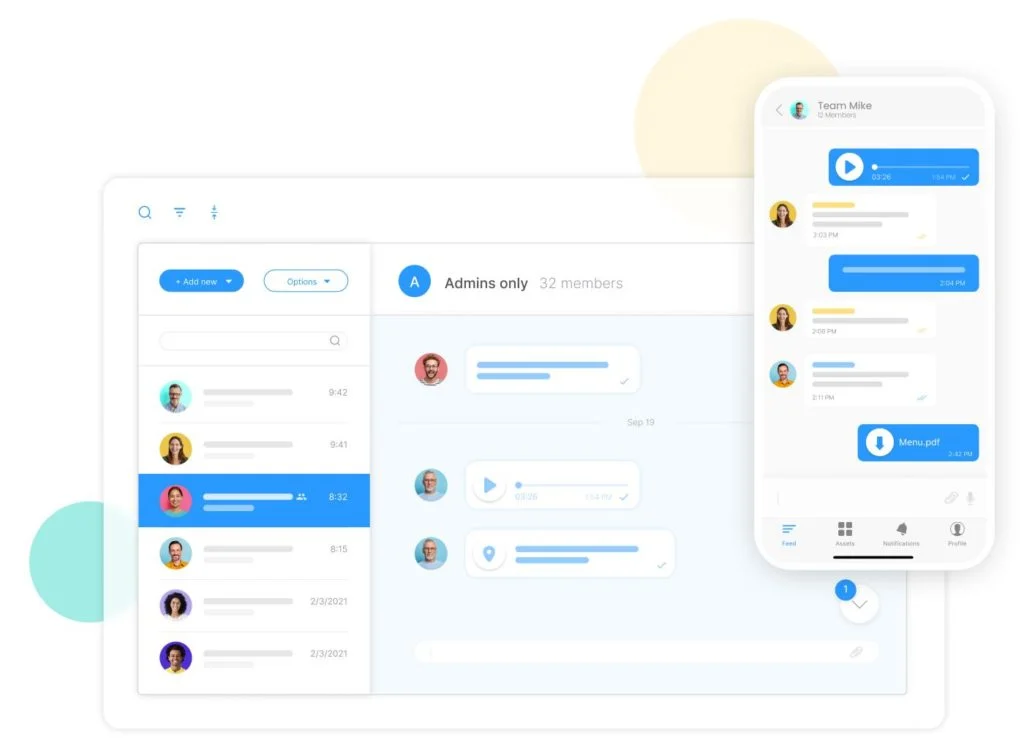Vista previa de la función de chat (tanto de escritorio como móvil) de Connecteam: plataforma de comunicación en la nube para empresas