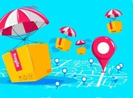 パラシュート風船が箱を運び、場所のピンが付いた地図上に落とし、サプライチェーンのリスクを表します。