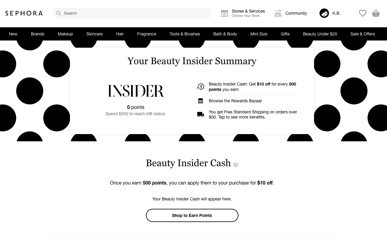 captură de ecran a portofelului digital Sephora Beauty Insider