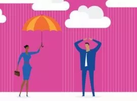O femeie anticipează ploaia și îi întinde o umbrelă unui bărbat, demonstrând modul în care oamenii de vânzări pot anticipa de ce au nevoie clienții și să rămână înaintea cererilor lor pentru a le fideliza.