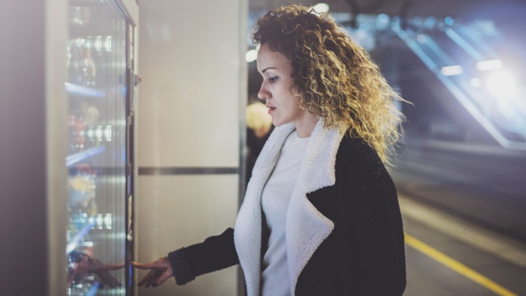Una mujer joven compra artículos en una máquina expendedora en una estación de tren.