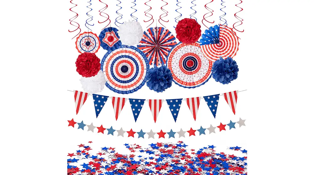 Conjunto de decorações patrióticas 4th, 4 de julho 29 peças - leques de papel vermelho, branco e azul