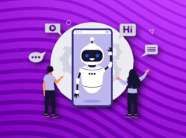 Două persoane stau de ambele părți ale unui telefon mobil gigant afișând un chatbot, ilustrând chatGPT pentru afaceri.