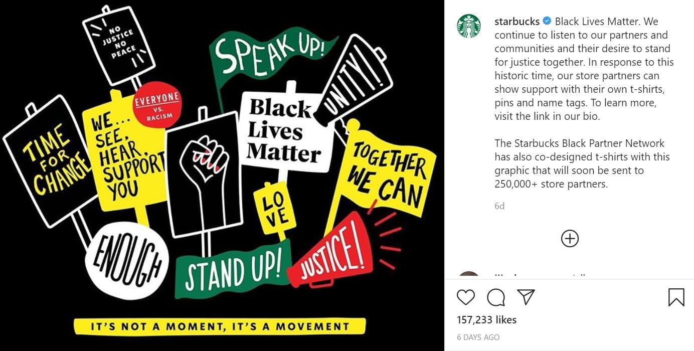 Marketing Dive 于 2020 年 6 月 18 日检索到的星巴克关于其“黑人的命也是命”倡议的 Instagram 帖子的屏幕截图