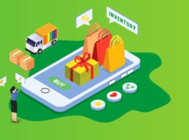 ilustrație cu un telefon mobil supradimensionat, pungi de cumpărături deasupra și un camion de livrare lângă el, reprezentând lanțul de aprovizionare cu amănuntul