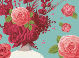 顔に花をつけた女性の超現実的な画像。共感と人間性を職場に融合させることで 2023 年の HR トレンドを表現