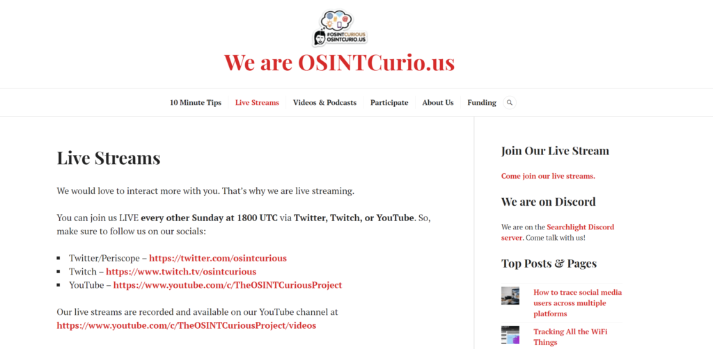 página de inicio de transmisiones en vivo