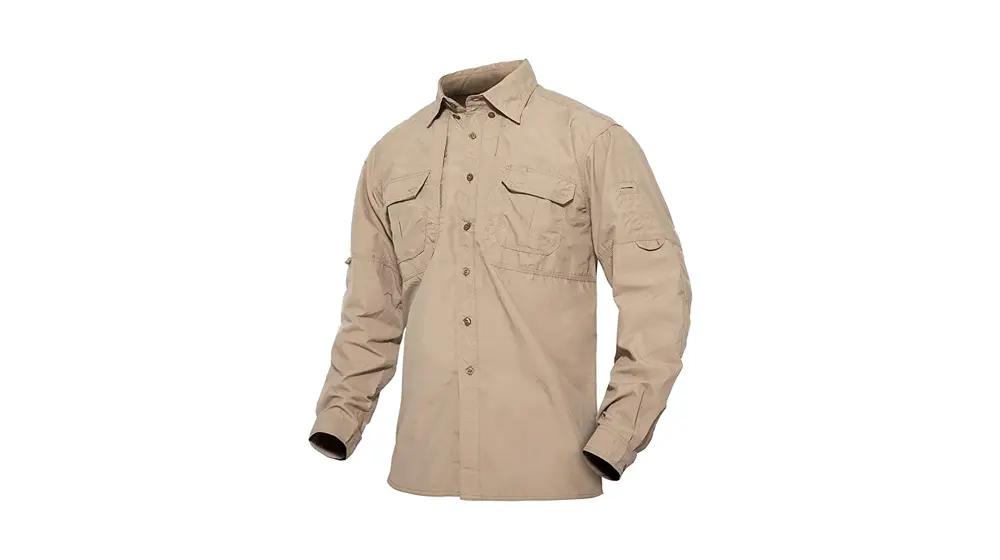 TACVASEN 男式速干长袖衬衫透气轻便防晒徒步钓鱼衬衫