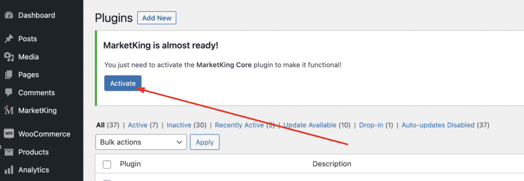 Ilustrație cum să activați MarketKing