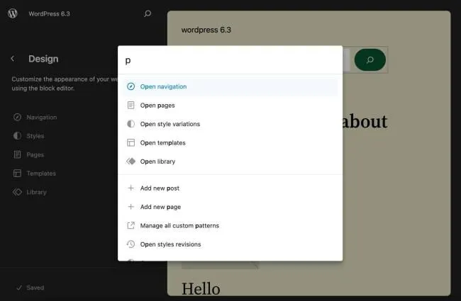 Paleta de comenzi WordPress 6.3