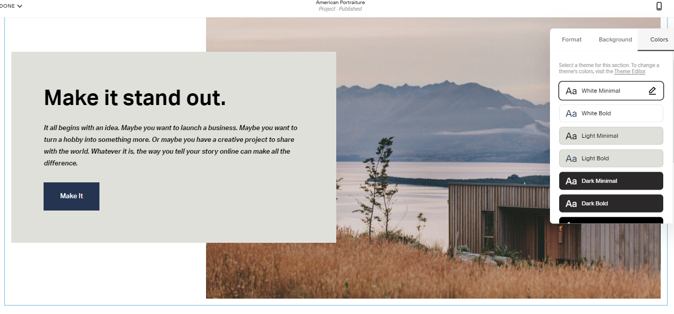 Latout do painel de design Squarespace