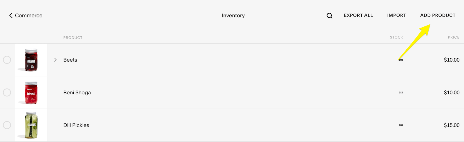 Gerenciamento de estoque do Squarespace