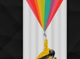 Collage d'art contemporain d'une danseuse en veste jaune projetant un élément arc-en-ciel, représentant le potentiel de l'IA et de l'expérience client.