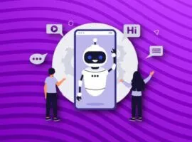 Dua orang berdiri di kedua sisi ponsel raksasa yang menampilkan chatbot, menggambarkan chatGPT untuk bisnis.